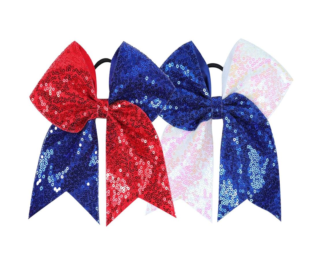American Flag Navy Blue Red White Stars Glitter Hair Tie.Large Cheer Hair Bows Ties.(DL7) (Navy Blue Red White)
