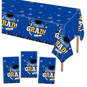HOUSE OF PARTY Graduation Tablecloth 3PCS | 54"x108" Blue Congrats Grad Tablecloths | Grad Tablecloth Class of 2025 | Party Table Cover Fireworks Design for Table Decorations