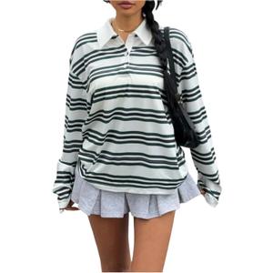 Verdusa Women's Colorblock Button Striped Collared Shirts Preppy Drop Shoulder Going Out Tops (Large, White Multi)