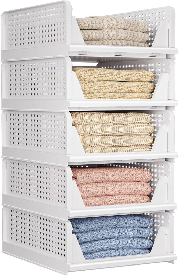 5 Pack Folding Closet Organizers Storage Box, Stackable Storage Bins, Plastic Drawer Basket Closet Storage for Wardrobe Cupboard Kitchen Bathroom Office White-5L (5 PACK-L)