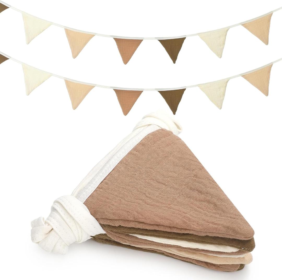 Oudain 2 Pcs Pennant Banner Flags Nursery Garland Triangle Bunting Flags Playroom Wall Decor Banner for Nursery Baby Shower Birthday Boho Wedding Party Event, Each 7.75 ft(Khaki Colors)