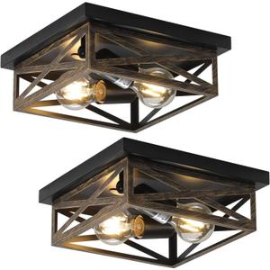 2Pack Rustic Flush Mount Ceiling Light Fixture, Modern Farmhouse Light Fixture, Kitchen Hallway Light Fixtures for Bedroom,Dining Room Entryway,Industrial Metal Cage Ceiling Light