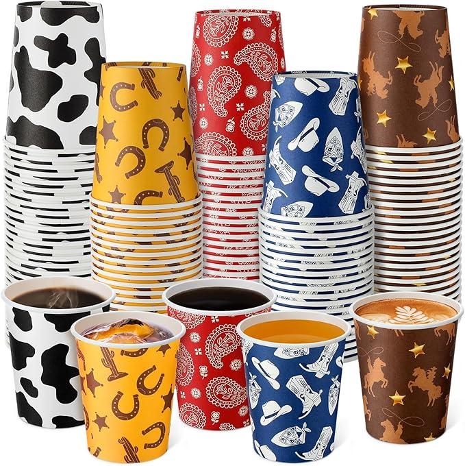 Yaomiao 200 Pcs Western Cowboy Party Disposable Paper Cups Bulk 9 oz Disposable Coffee Paper Cups for Western Cowboy Party Supplies(Cowboy)