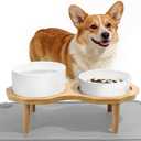 4-in-1 Ceramic Elevated Slow Feeder Dog Bowl Set, 6.3inch Dog Water Bowl and 5.9inch Slow Dish with Wooden Stand, Spill Proof Silicone Mat for Small and Medium Dog, Anti-Gulping (White)