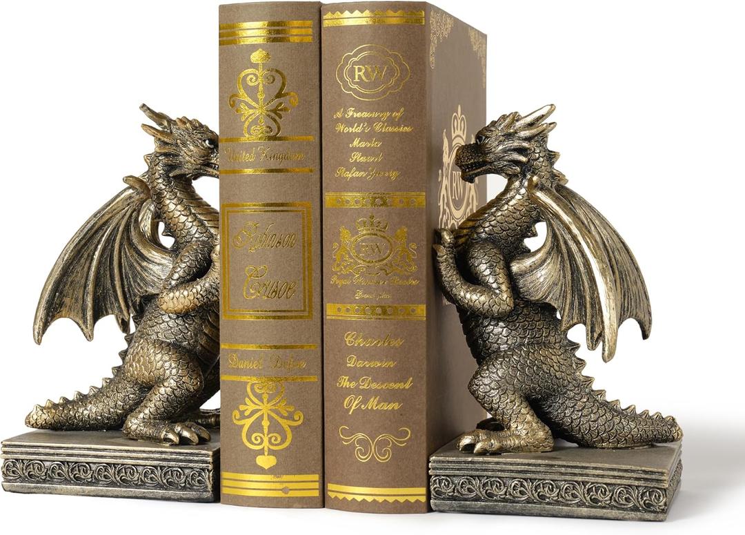 Dragon Statue Decorative Bookends for Shelves, Antique Gold Dragon Statue Home Office Decoration, Fantasy Dragon Figurine Enthusiasts Gifts