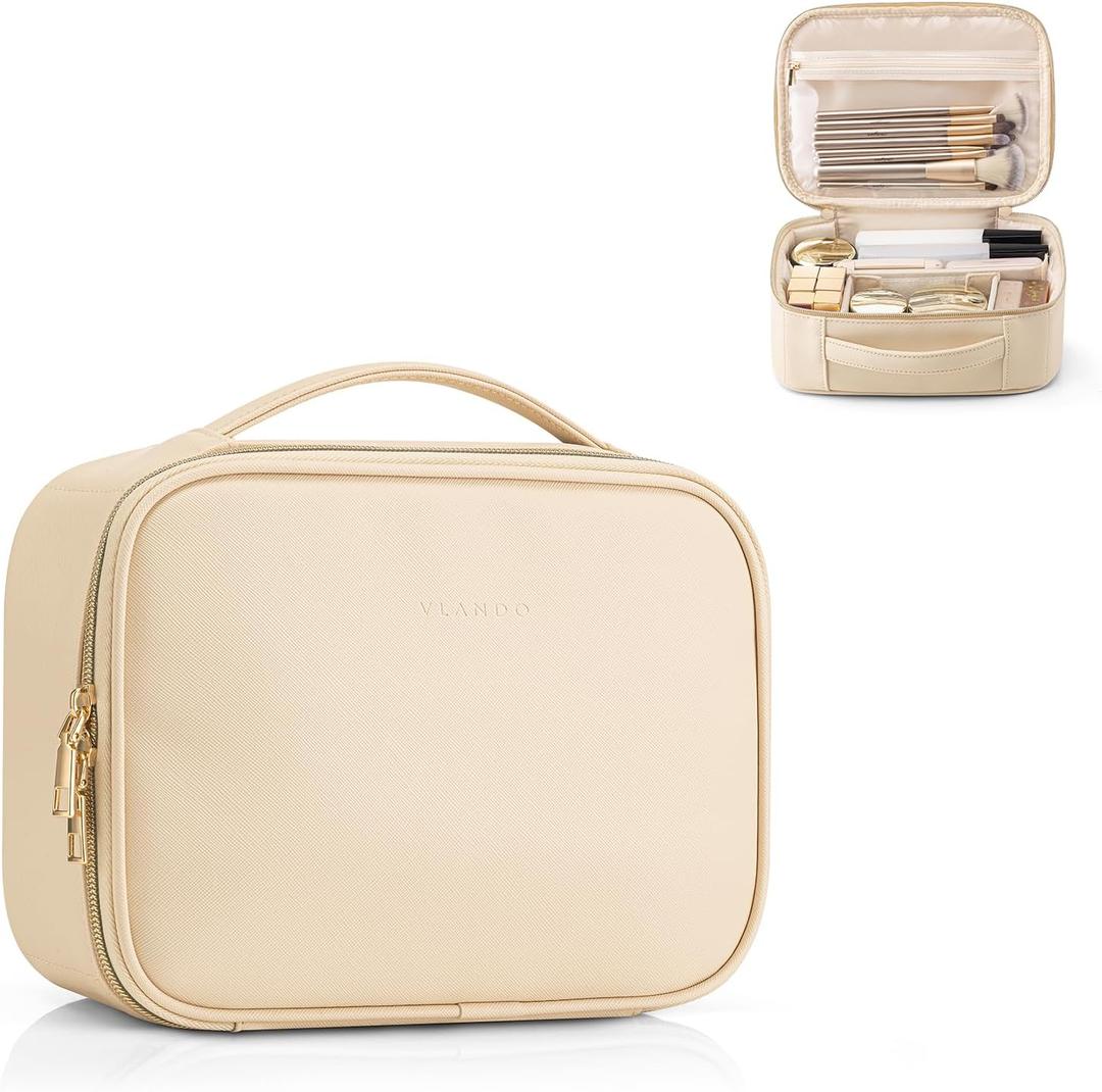 VLANDO Travel Makeup Bag,Portable Cosmetic Bag Makeup Case Organizer, Makeup Bag with Adjustable Dividers for Women,Girls,Wedding,Cosmetic Brushes,Toiletry,Gifts,Anniversary-Beige
