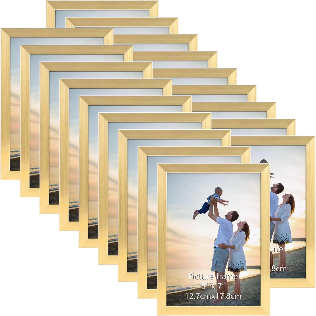 Hoikwo 18 Packs 5x7 Gold Multi Plastic Picture Frames Set with Plastic Cover for Family Photos, Artwork, Light Weight Bulk 5 by 7 Frames Packs for Wall Hanging and Table, Stylish Picture Frames