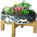 ARTKETTY Succulent Pot, Large Succulent Planter Pot with Stand, 10 Inch Ceramic Bonsai Pot with Drainage Round Marble Cactus Flower Plant Bowl for Indoor/Outdoor