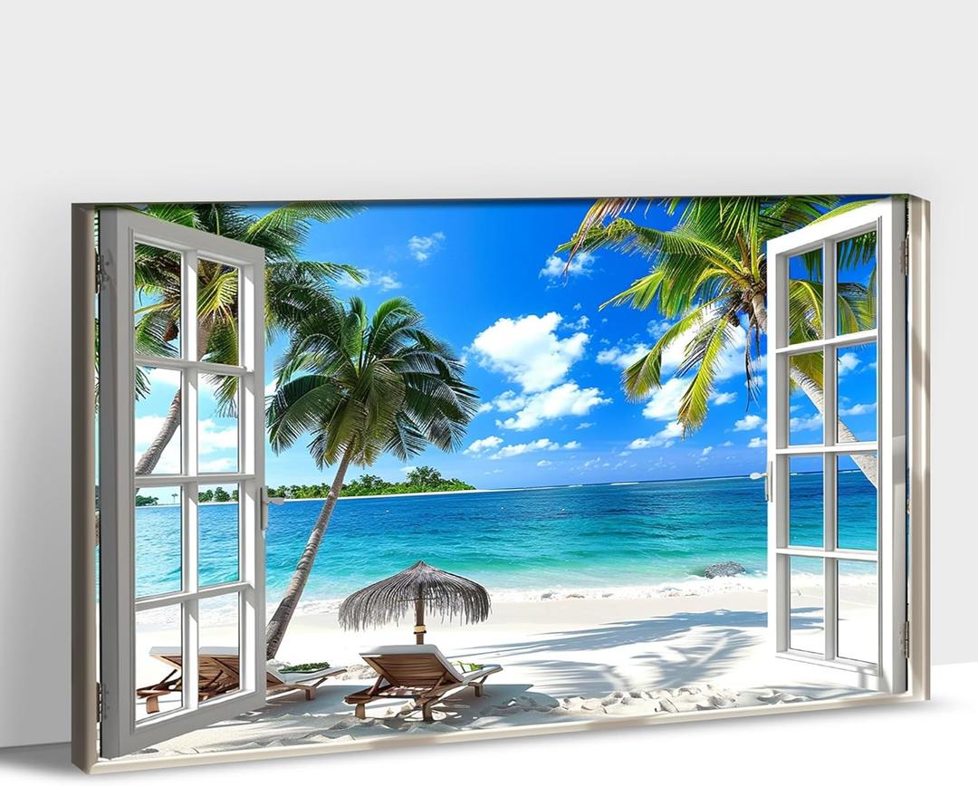 Beach Pictures Wall Art Decor for Living Room, Blue Ocean Painting Decor for Bedroom, White Window Frame Style Palm Trees Canvas Wall Decor Blue Coastal Landscape Artwork for Bathroom Office 24"x36"