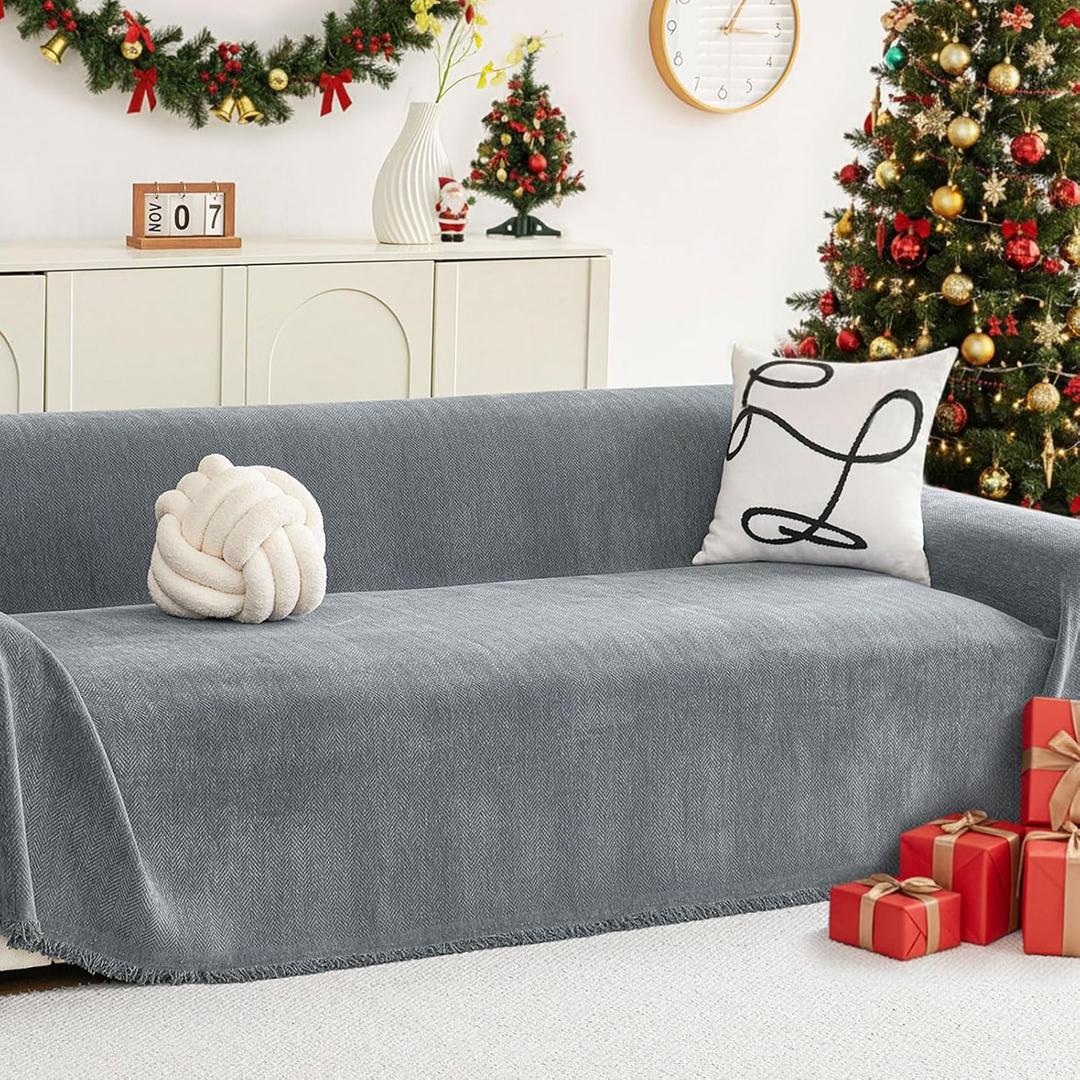 hyha Couch Cover for Dogs, Boho Sofa Covers for 3 Cushion Couch Washable, Chenille Sofa Slipcover for Pets, Soft Loveseat Sectional Couch Throw Blankets with Tassels (Grey, 71x118 Inch)