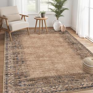 GlowSol Washable Area Rug 10x13 Solid Bordered Rugs for Living Room Non-Shedding Stain Resistant Distressed Neutral Carpet Non-Slip Bedroom Large Carpet for Farmhouse Bedroom Dining Table,Brown