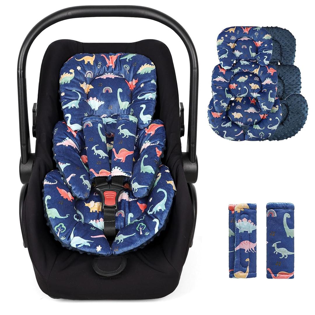 Infant Car Seat Insert Cushion, Super Soft Baby Car Seat Head Support & 2 Straps Pads, Reversible Preemie Newborn Carseat Insert, Fit Car Seat, Stroller, Infant Bouncer, Blue Dinosaur