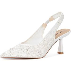 Slingback Wedding Heels for Women Bridal Lace Mesh Kitten Heel Closed Pointed Toe Pearl Pumps Shoes (White) Size 7 