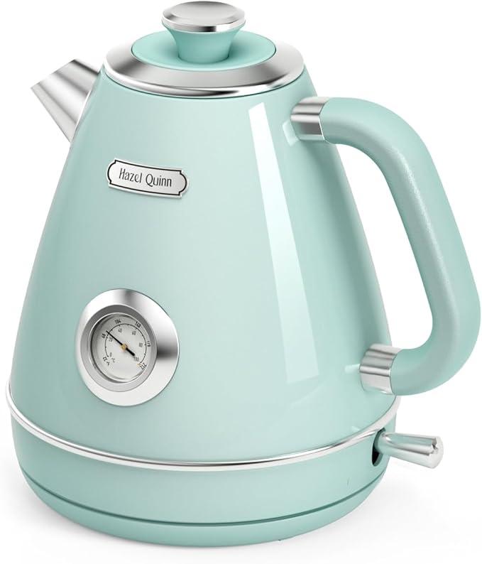 Hazel Quinn Retro Electric Kettle - 1.7 Liters / 57.5 Ounces Tea Kettle with Thermometer, All Stainless Steel, 1200 Watts Fast Boiling, BPA-free, Cordless, Automatic Shut Off - Mint Green