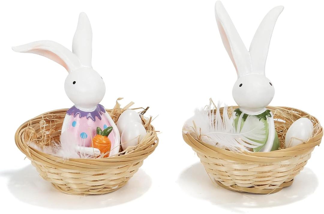 Easter Bunny Resin Decor Set of 2  Cute Rabbit Figurines in Basket with Eggs, Spring Easter Table Decorations for Home, Farmhouse, Office & Party Centerpiece Tiered Tray Shelf Mantel