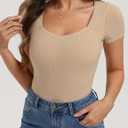 Belle Poque Women's Short Sleeve Square Neck Tops Slim Fit Ribbed Knit Basic Tee Tops Spring Summer Casual 2026 (Beige, S)