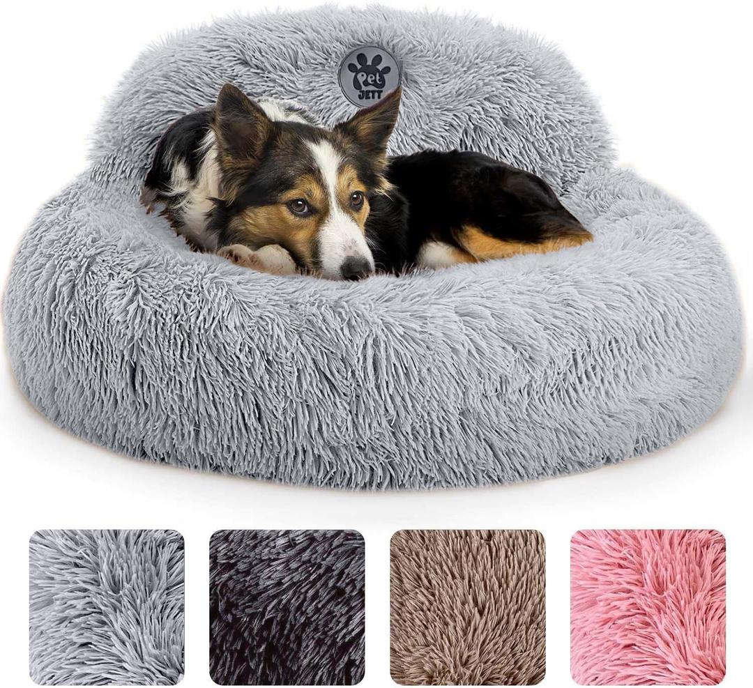 PetJett Calming Dog Bed Medium Size Dog - 30'' Donut Bed, Anti-Slip & Washable Super Soft Fluffy Plush Round Bed, Anti-Anxiety Premium Comfort Pet Bed, Fits Dogs up to 45 lbs - Bright Grey
