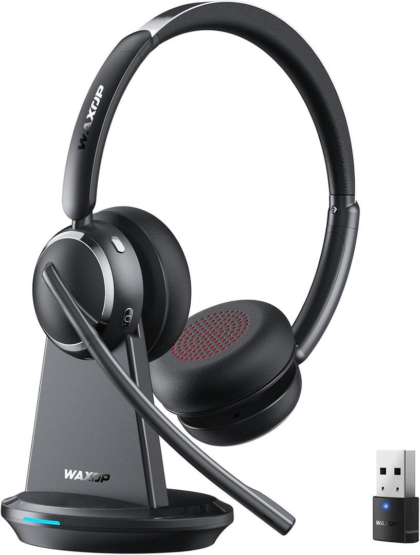 Wireless Headset with Mic for Work, Bluetooth 6.0 Headset with Microphone for PC, 65H AI Noise Cancelling Mic, 60ft Range, USB Dongle & Charging Base, On-Ear Headphones for Teams Zoom Call Center