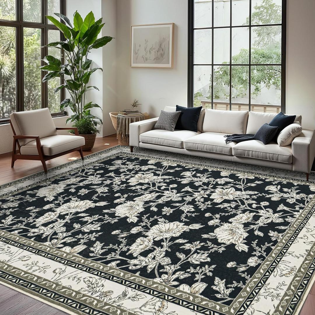 Black Floral Rug 5x7 Machine Washable Area Rug for Living Room Vintage Boho Farmhouse Low Pile Distressed Carpet for Dining Room, Bedroom Indoor Non-Slip Black Beige Taupe Flower Design Home Decor