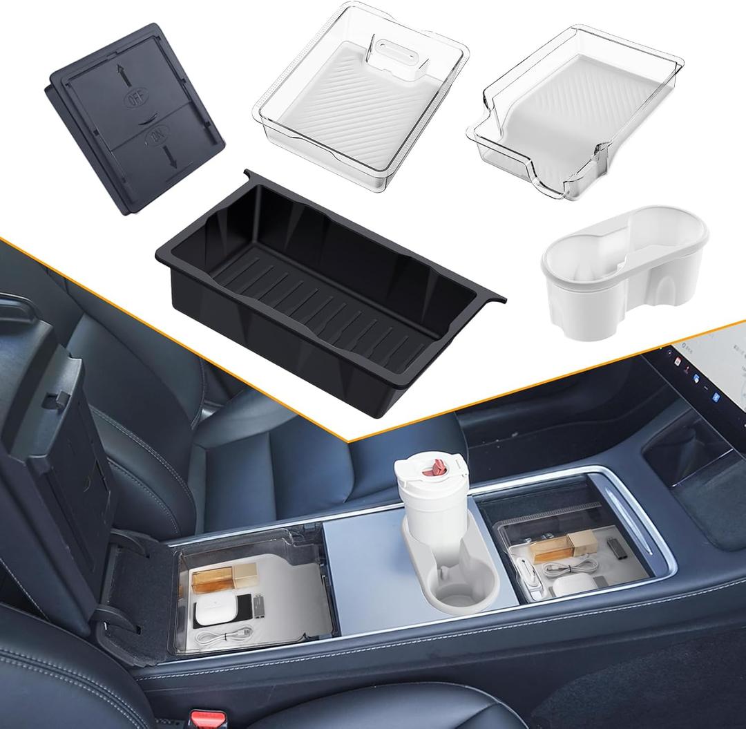 Center Console Organizer Tray 5PCS for Tesla Model Y Accessories 2024-2020(Not Fit Model Y Juniper), Armrest Storage Tray and Hidden Storage Box, Cup Holder Insert, Under Seat Storage Box, White