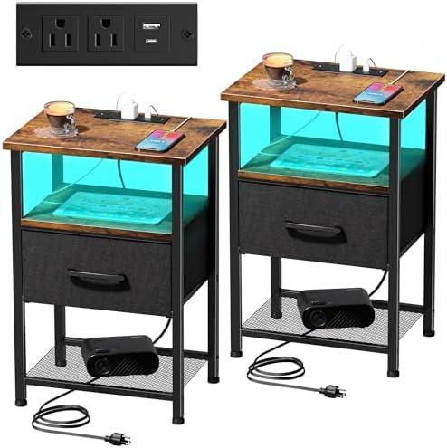 Nightstands Set of 2 with Charging Station and Drawer, End Table Bedside Table with 20 Colors LED Light Strip and 2 Layers Shelf for Bedroom Living Room (Rustic Brown)