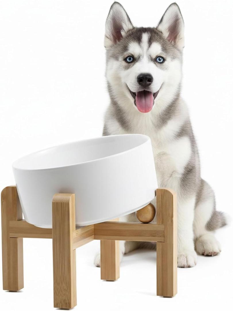 hjn Elevated Ceramic Dog Bowl 15Slanted Raised Dog Bowl with Bamboo Stand for Small Medium Dogs and Cats, Pet Feeder -3.6-Cup (850ml)-White