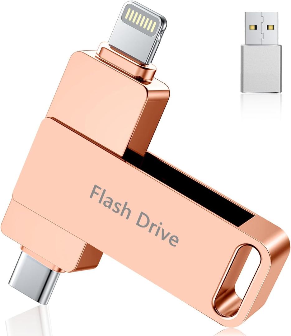 (No APP Required) MFi Certified iPhone Photo Stick, USB Flash Drive 512GB for Photo/Video Backup, 3 in 1 iPhone Memory Stick, High-Speed Thumb Drive Compatible for iPhone/iPad/Android/PC Pink