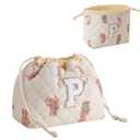 RSRSLEII Initial A-Z Quilted Cotton Drawstring Makeup Bag, Monogrammed Birthday Gift for Women Girls,Aesthetic Personalized Chenille Letter Travel Cosmetic Pouch with Bear Pattern(Z)