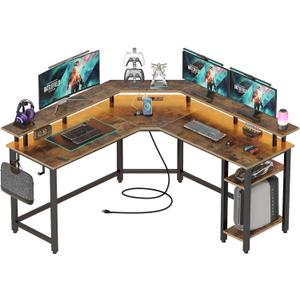 Rolanstar L Shaped Gaming Desk with LED Lights & Power Outlets, 46.2" Computer Desk with Full Monitor Stand & Storage Shelf, Corner Desk with Hooks, Rustic Brown Desk Reversible (53.0*46.2*34.1 inch)