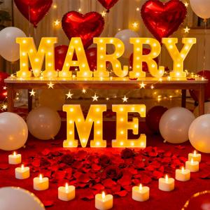 Marry Me Light Up Letters, with 30 Tea Lights Candles, Rose Petals, Aluminum Balloons, Balloons, Red Carpet, Rose Ring Box, Double Sided Tape, Valentine's Day Proposal Engagement Wedding Decorations