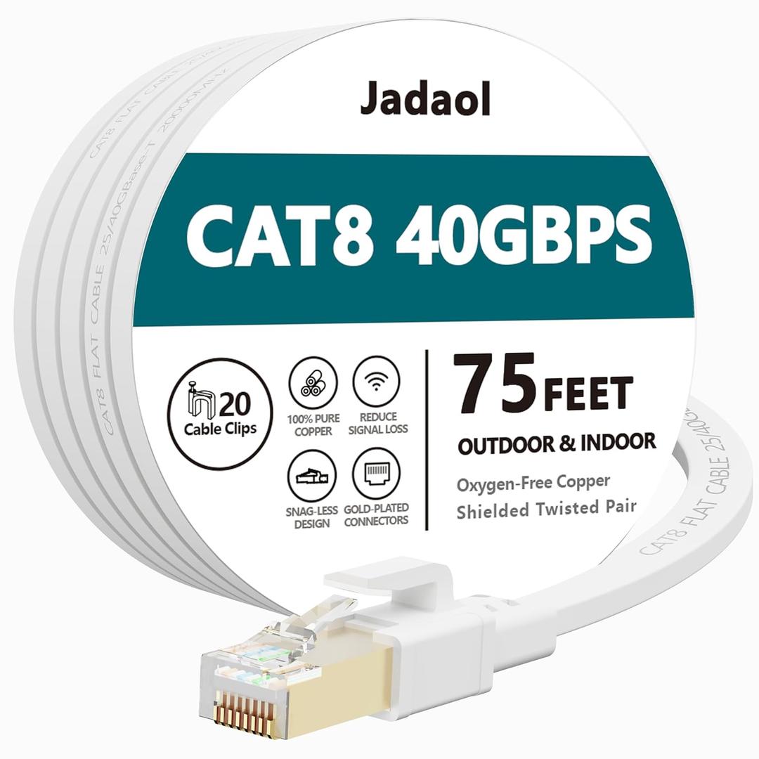 Jadaol Cat 8 Ethernet Cable 75 ft, 40Gbps 2000MHz Flat RJ45 S/FTP LAN Patch Cable, High-Speed Cat8 Network Cable for Router, Modem, Switch, Gaming Consoles, PC, Home Network & Streaming Devices, White
