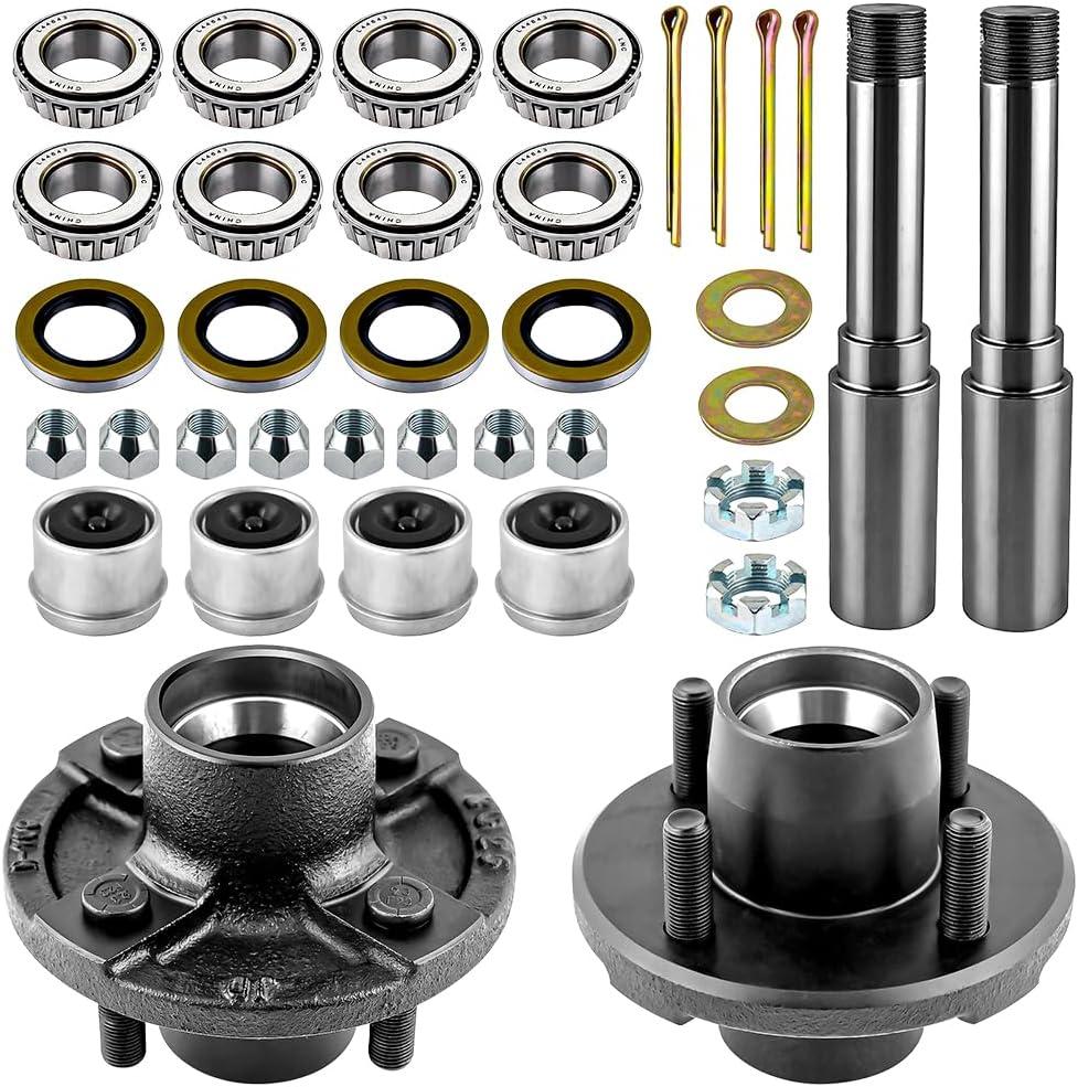 Trailer Idler Hub Kit 2000 lbs with 4 on 4" Trailer Hub & Round BT8 Spindle,1" and 1"-1/16" Trailer Axle Kits 4 Lug Include L44643 Bearings Kit, 2 Sets