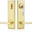 Haidms Gold Front Door Handle - Entry Door Lever and Deadbolt Set, Modern Brushed Gold Exterior Door Lock Set, Square Front Door Handles (1 Pack)