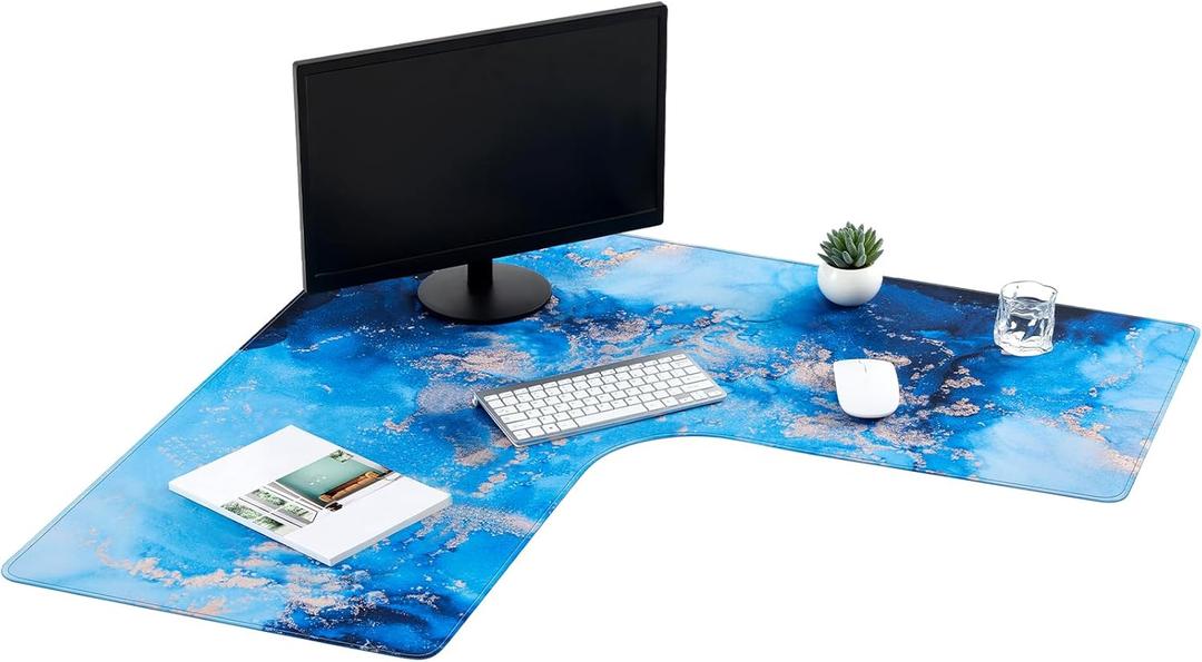 L Shaped Desk Mat 33'' Large Rubber Printing Mouse Corner Pad Long Extended Non-Slip Rubber Desk Mat Computer Protection Supplies(Blue)