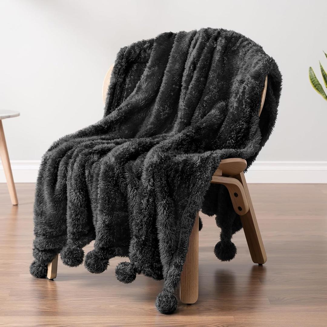 PAVILIA Black Sherpa Throw Blanket for Couch, Warm Plush Pom Pom Throw, Fuzzy Sofa Blanket, Lightweight Soft Cozy Fluffy With Pom Poms, 50x60