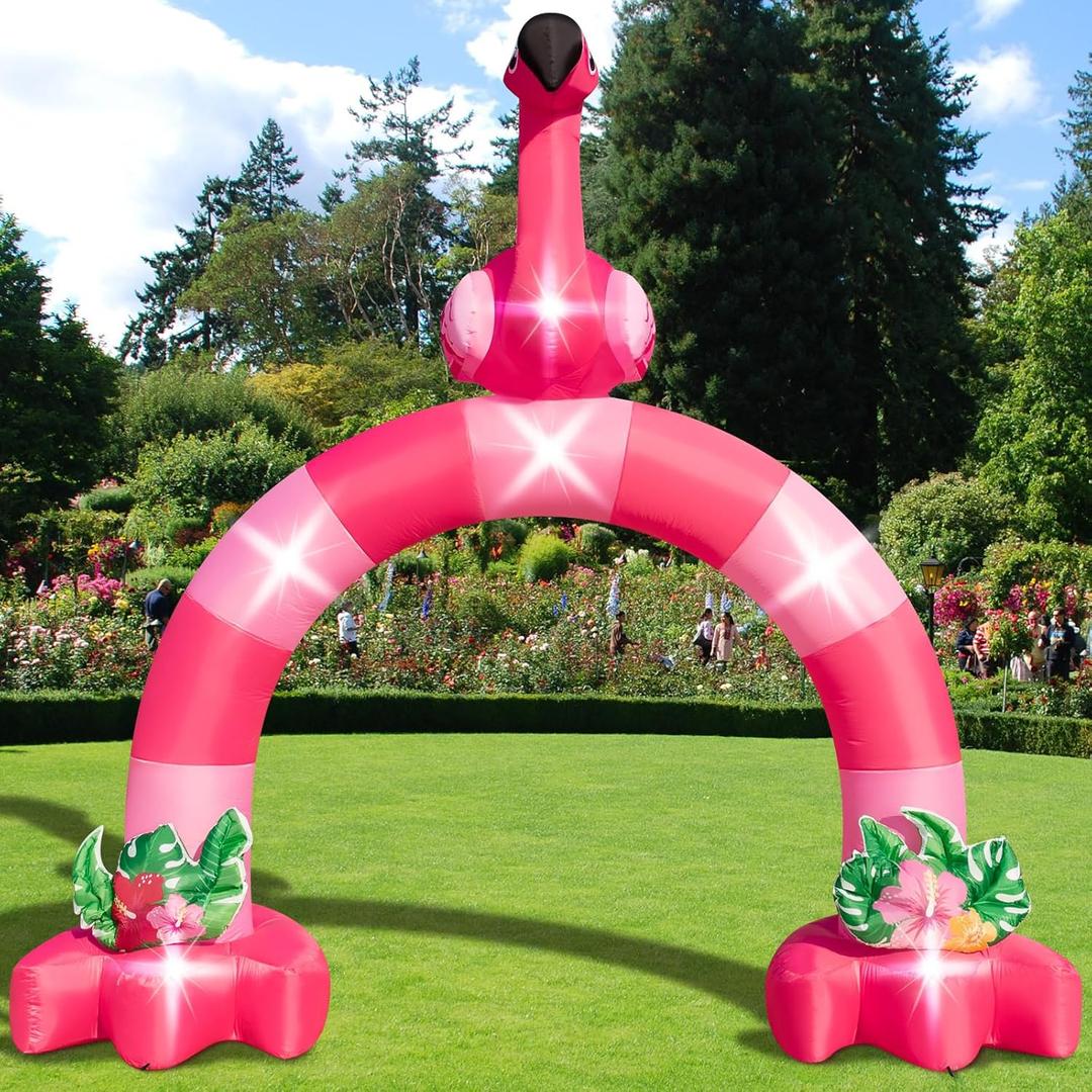 Eyourlife 12FT Pink Flamingo Inflatable Arch,Giant Inflatable Flamingo Outdoor Decor,Blow-Up Flamingo with 1Blower 6LED Lights and 2Hawaiian Leis for Summer Yard Garden Birthday Luau Beach Party