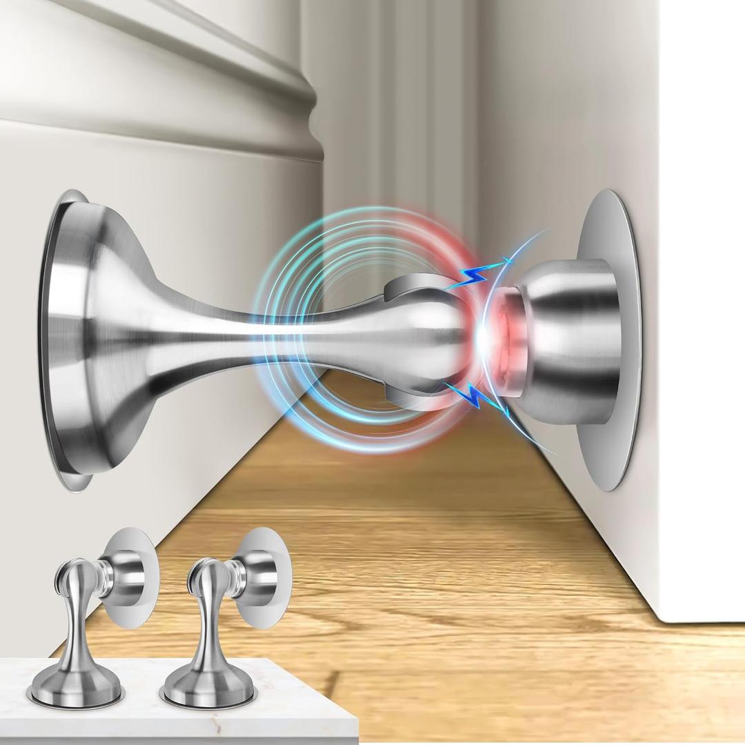 Crosize Magnetic Door Stoppers 2 Pack, Stainless Steel Door Stops for Wall and Floor Mounting, Door Holder Keep Door Open, No Drilling Door Stop with Adhesive Tapes, Silver