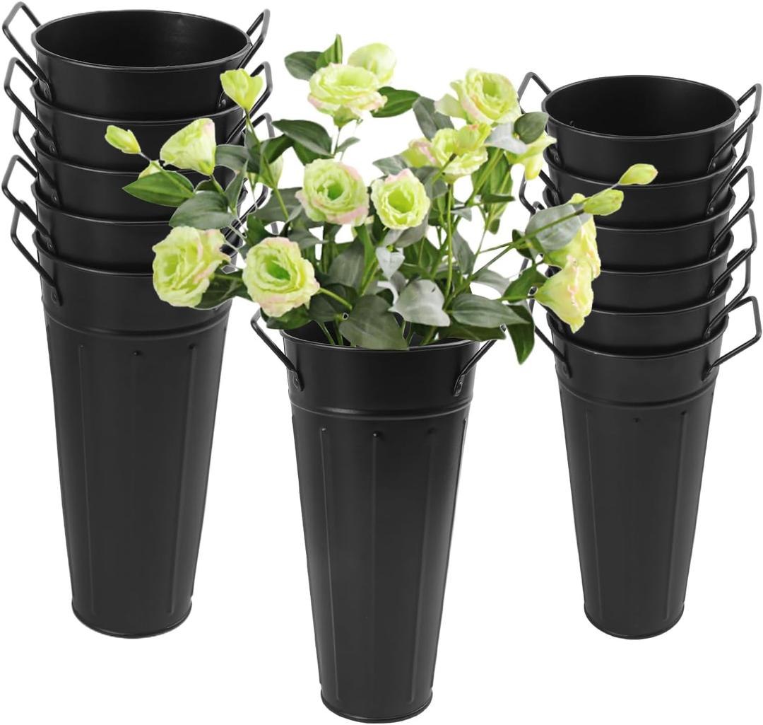 12 PCS 9 Inch Metal Flower Vase for Cut Flowers, Galvanized Metal Floral Buckets, Vintage Style Galvanized Flower Bucket for Home Decor & Wedding Centerpiece (Black)