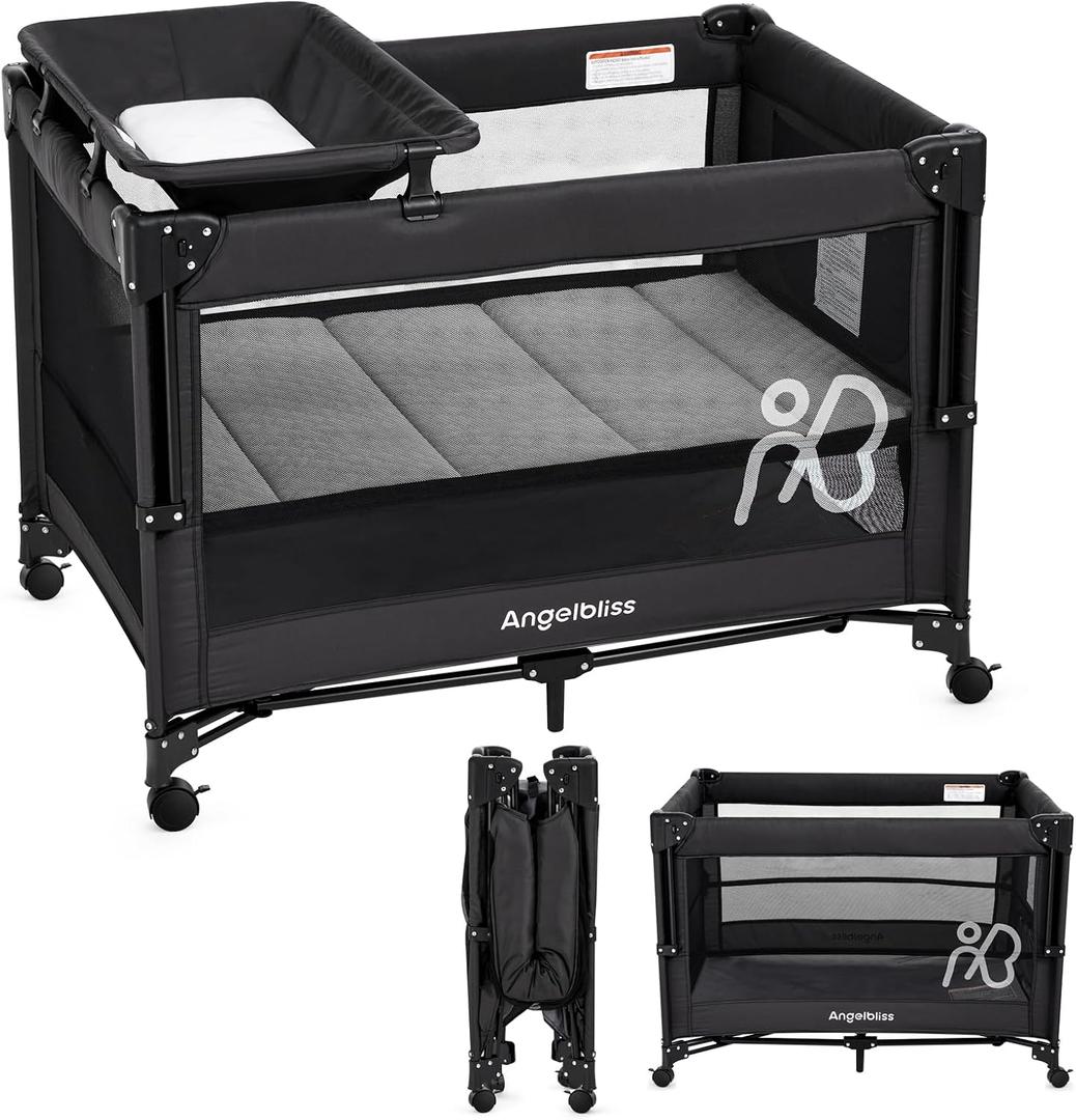 ANGELBLISS Baby Bassinet Bedside Crib, Pack and Play with Mattress, Diaper Changer, One-Push Setup Playards from Infants to Toddlers (Black)