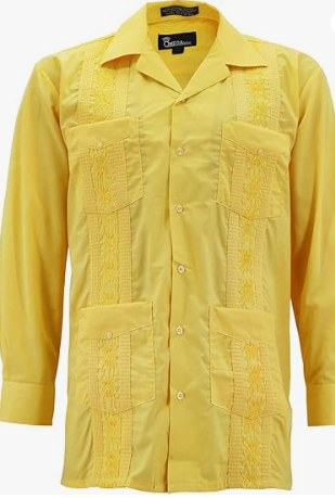 Men's Guayabera Long Sleeve Button Up Cuban Beach Casual Embroidered Dress Shirt (Large, White)