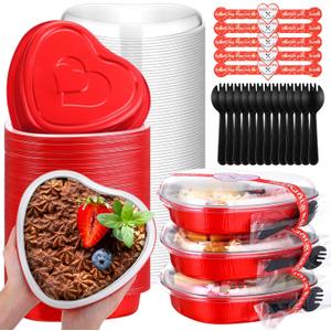 Yinkin 22 oz Heart Shaped Cake Pans Valentine Aluminum Foil Cupcake Cup with Lids and Spoons, Disposable Cake Tins Heart Baking Pan Mini Baking Tins for Valentine Wedding Birthday Party(Red,25 Pcs)