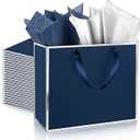 ReliThick 24 Pack Metallic Paper Gift Bag with Handles and Tissue Paper 11.8 x 10 x 4'' Thank You Favor Bag for Graduation Mother's Day Wedding Bridesmaid Groomsman 5 Senses Gifts (Navy Blue, Silver) 