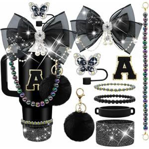 Letter Stickers Bling Accessories Set for Stanley 40/30/20 oz Tumbler: Bow Straw Topper, Charms, Butterfly Cap, Pearl Strap, Silicone Boot, Accessories for Stanley Quencher H2.0