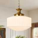 ACNKTZ 14" Vintage Pendant Light with Milk White Ribbed Glass Shade, Antique Brass Mid-Century Modern Hanging Chandelier Light Fixture for Kitchen Island, Dining Room, Entryway, Bedroom, E26 Base