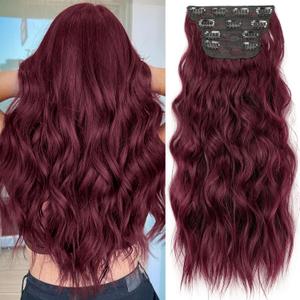 KooKaStyle Hair Extensions Burgundy Clip in Synthetic Highlight Hair Extensions Long Wavy 4PCS Thick Hairpieces 20 Inch for Women, 20 Inch, Burgundy