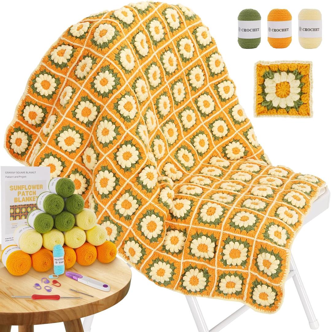 Blanket Crochet Kit for Beginners, Granny Squares Crochet Blanket Kit with Soft Yarns, Detailed Instructions & Step-by-Step Tutorials, Easy Knitting Kit for Beginner Craft Gift(Yellow Sunflower)