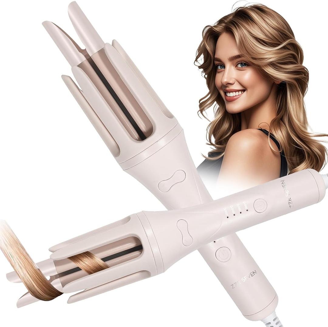 Automatic Curling Iron, 1.25 Inch Hair Curler with 4 Temp. Options, 10S Fast Heating, 2-Way Rotation, 30 Min Auto Shut-Off, Anti-Scald-Tangle for Long Hair, Dual Voltage for Travel (Khaki)