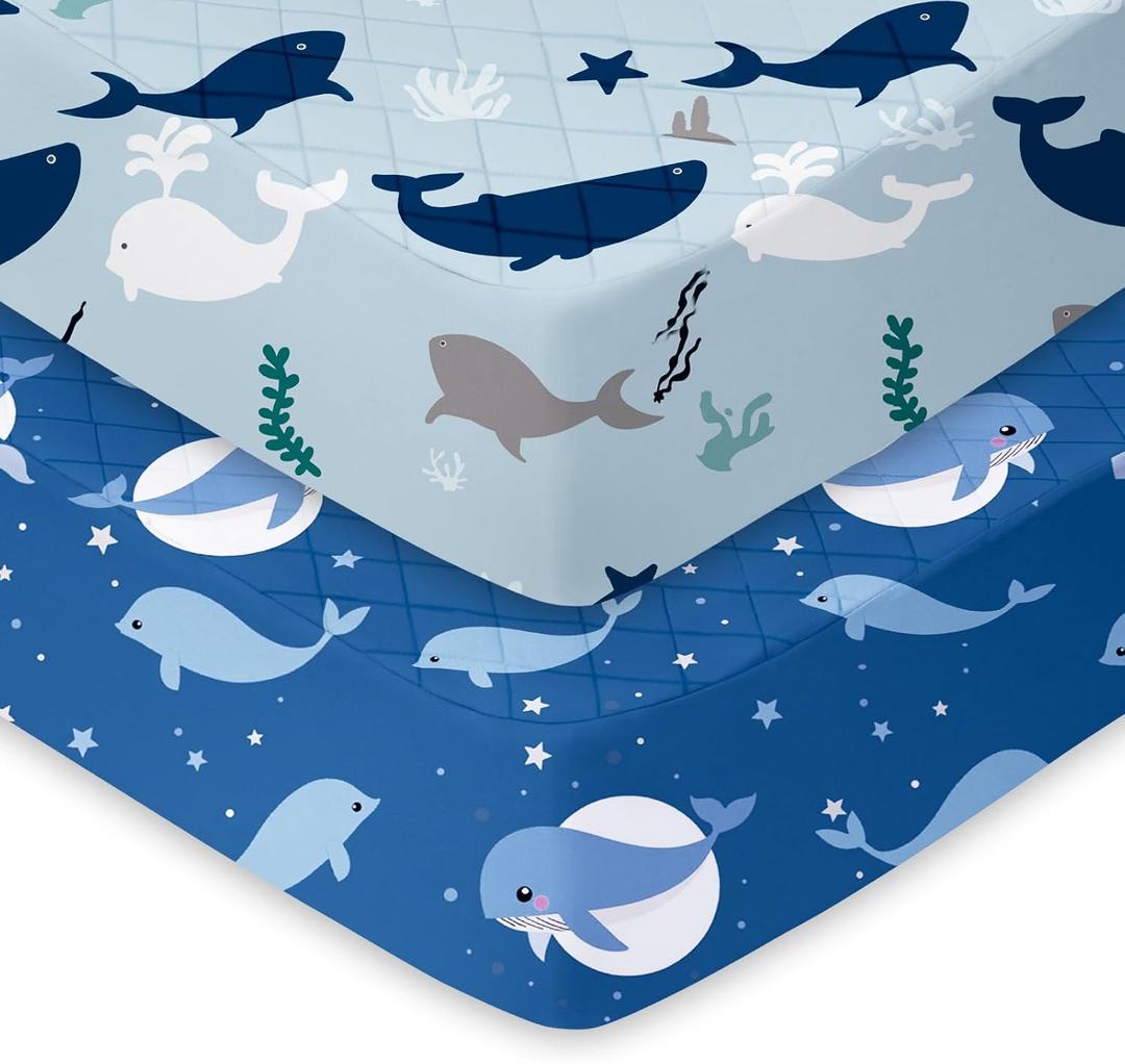 Light Quilted Crib Sheets 2 Pack, Soft Fitted Sheets for Standard Crib and Toddler Mattresses, Polyester, 52" x 28" x 9", Ocean Whale