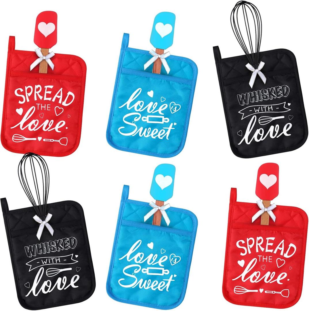 12 Pcs Bridal Shower Games Prize Potholder Silicone Spatula Whisk Wedding Gifts Bridal Shower Potholders for Kitchens Utensils Guests Games Prize Favors Spread Love Sweet