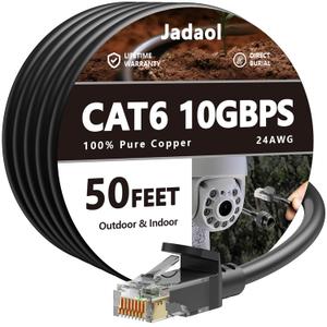 Cat6 Outdoor Ethernet Cable 50ft, 24AWG 10Gbps Support Cat8/7 Network, Pure Copper, Direct Burial Waterproof Underground Anti-UV (1Ft 3Ft 5Ft 10Ft 15Ft 20Ft 30Ft 40Ft 50Ft 60Ft 75Ft 100Ft 150ft 200ft) (Black)